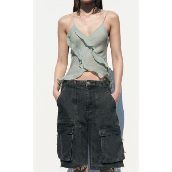 Zara Women's Cargo Bermuda Denim Shorts Women's 2 Relax Fit Charcoal Black - Picture 5 of 11